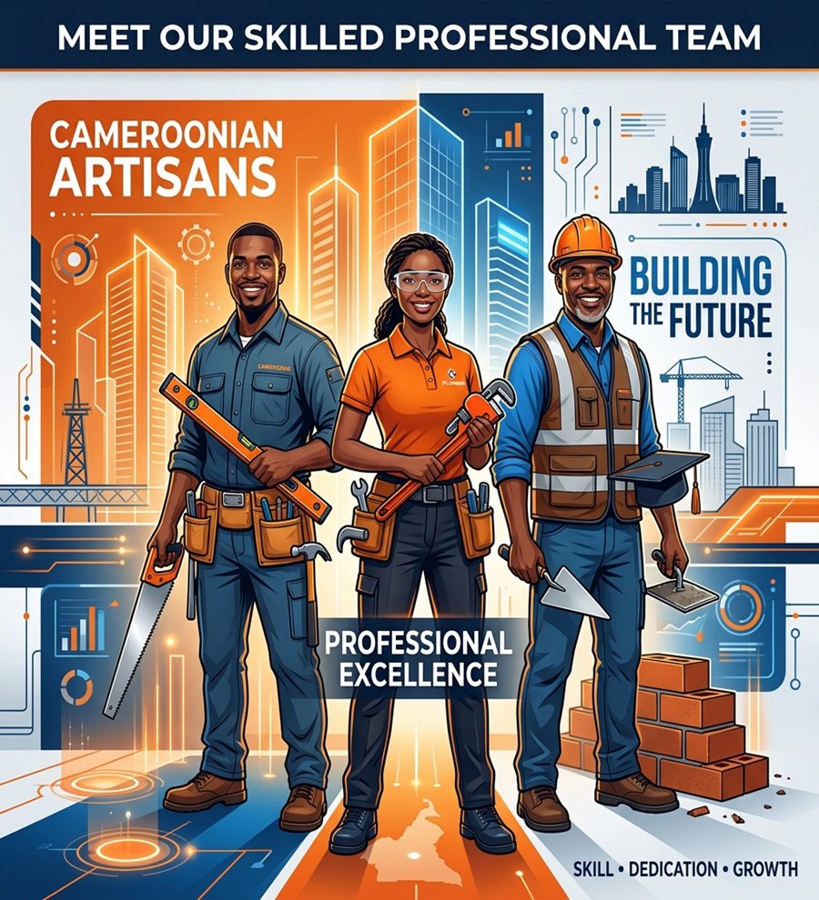 Cameroonian artisans: carpenter, plumber and mason